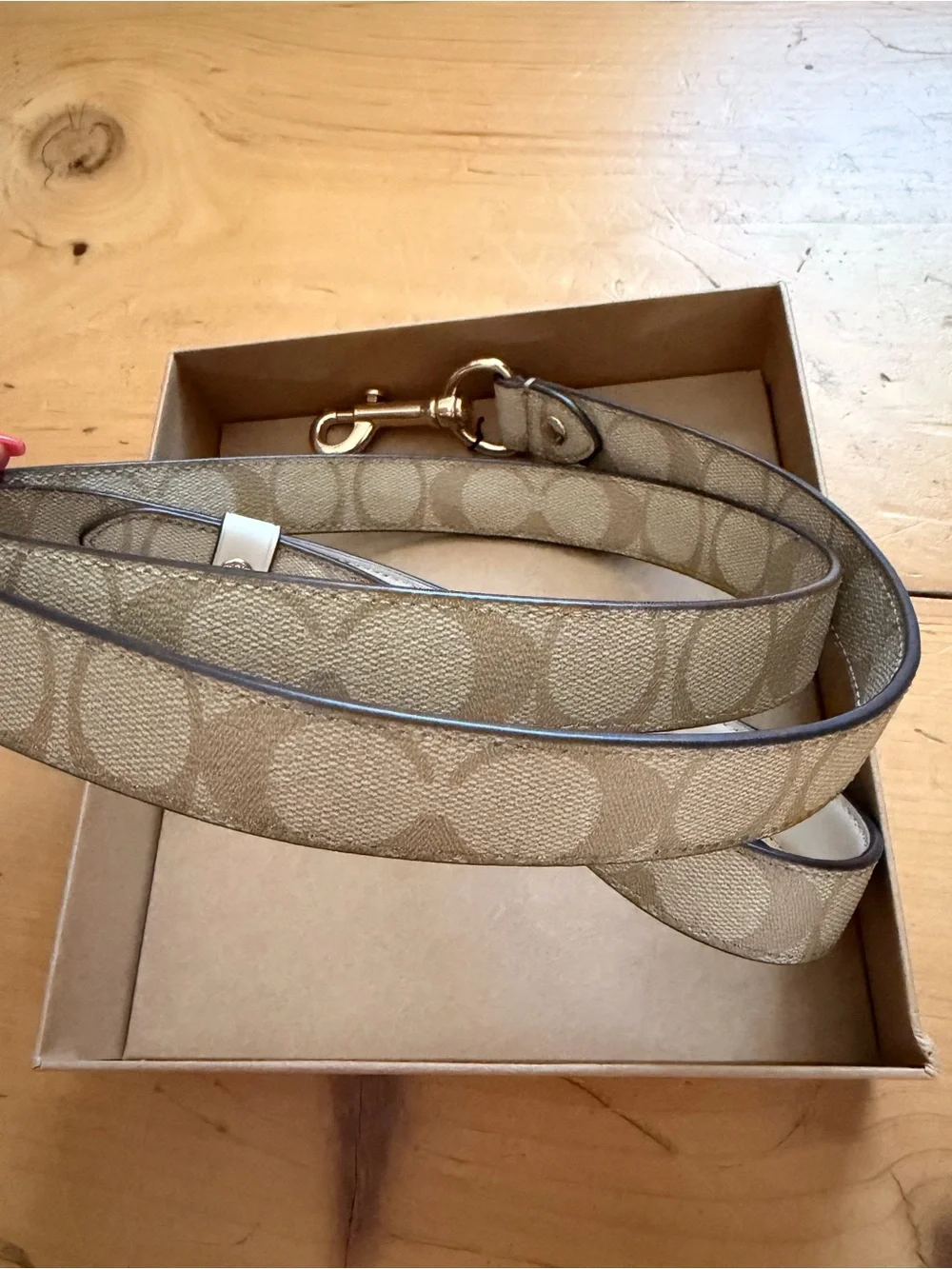NEW Coach Large Dog Leash Signature “C” Crossgrain Leather Light Khaki Chalk